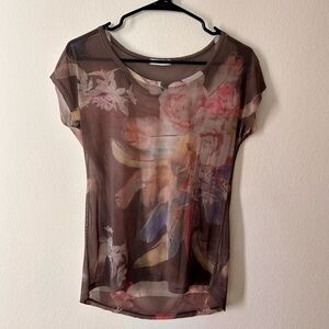 Teenbell Vintage Sheer Floral Mesh Top - Brown Pink Floral Boho Whimsy Grunge